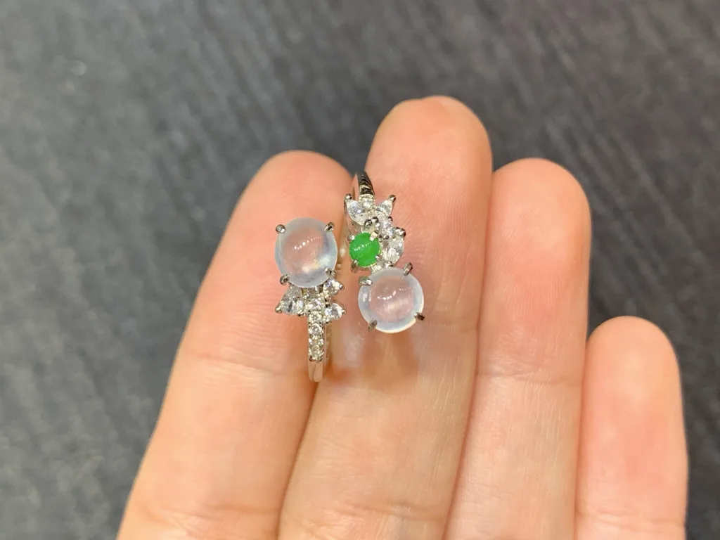 High-Icy Glowing Natural Jadeite Twin Cabochon Ring — S925 Silver · No. 900E (photo 3)