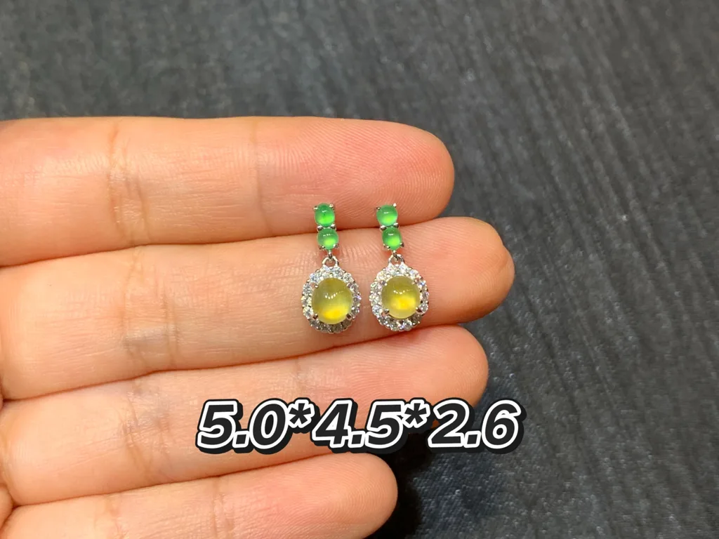 高冰黄翡天然翡翠蛋面耳坠 S925 银 · 编号 488E（图 1）