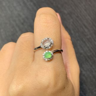 High-Icy White-and-Green Cabochon Ring — S925 Silver
