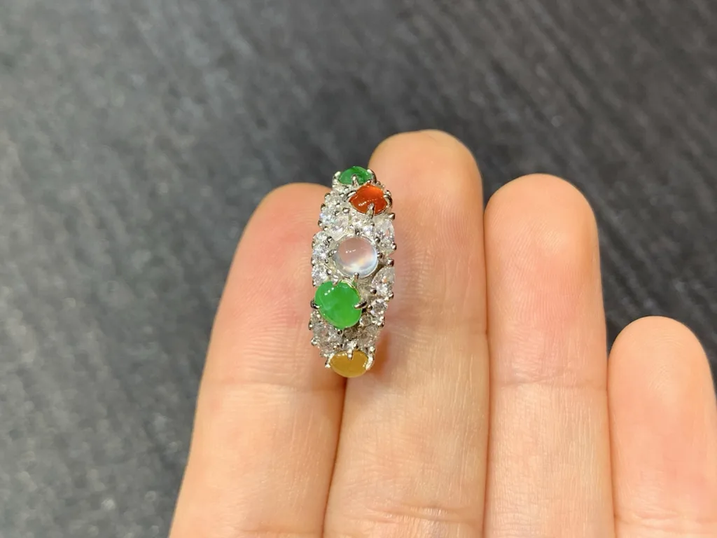 High-Icy Multicolor Natural Jadeite Cabochon Ring — S925 Silver · No. CF24 (photo 3)