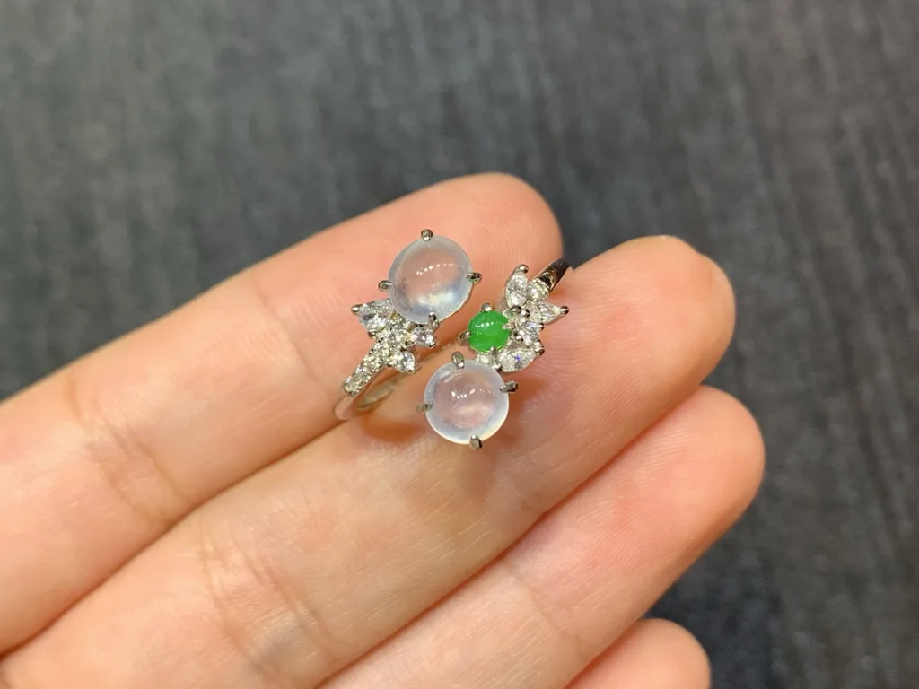 High-Icy Glowing Natural Jadeite Twin Cabochon Ring — S925 Silver · No. 900E (photo 2)