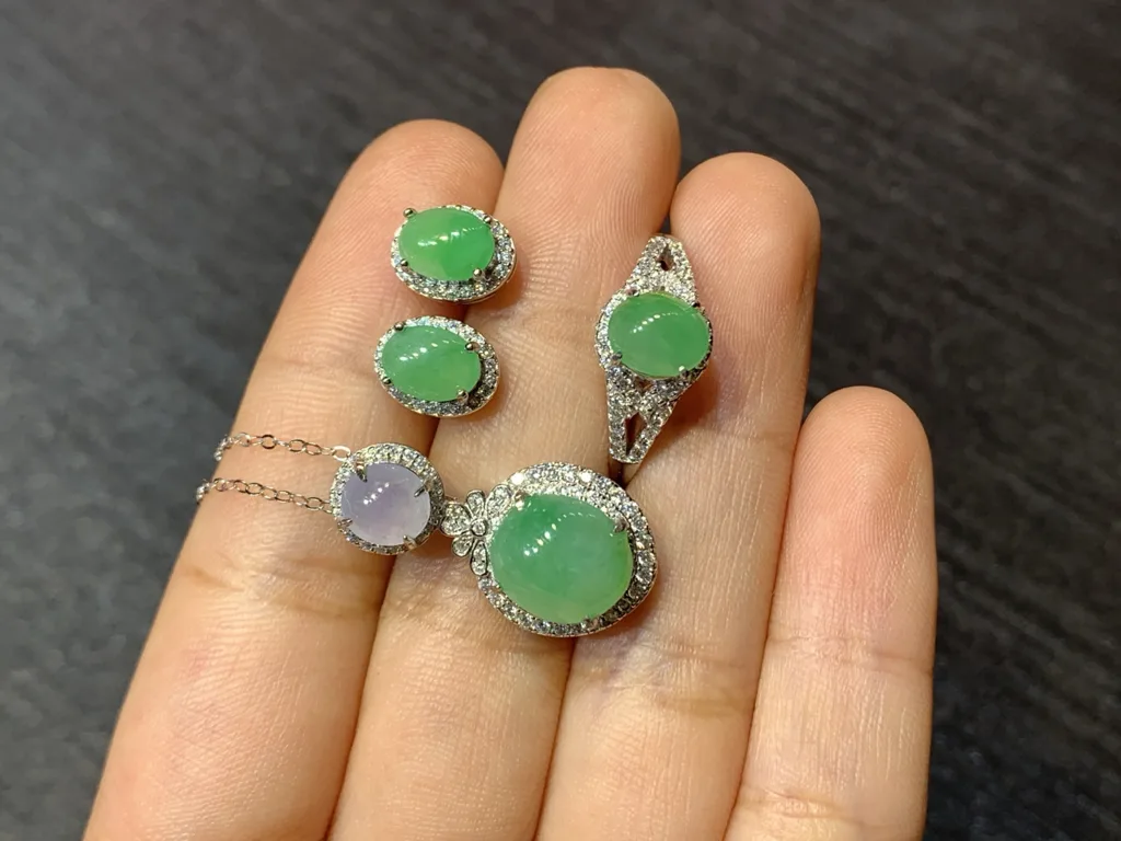 Full Green Natural Jadeite Cabochon Set — S925 Silver · No. A082 (photo 3)