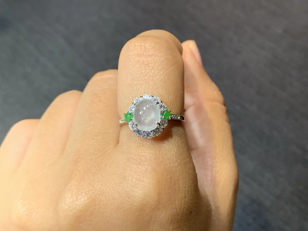 High-Icy Glowing Natural Jadeite Cabochon Ring — S925 Silver · No. 3AE2 (photo 5)