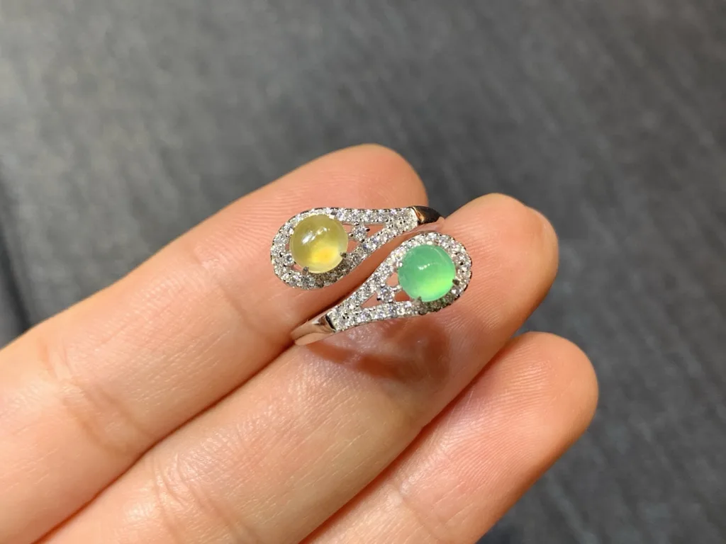 High-Icy Yellow and Green Natural Jadeite Cabochon Ring — S925 Silver · No. 968F (photo 2)