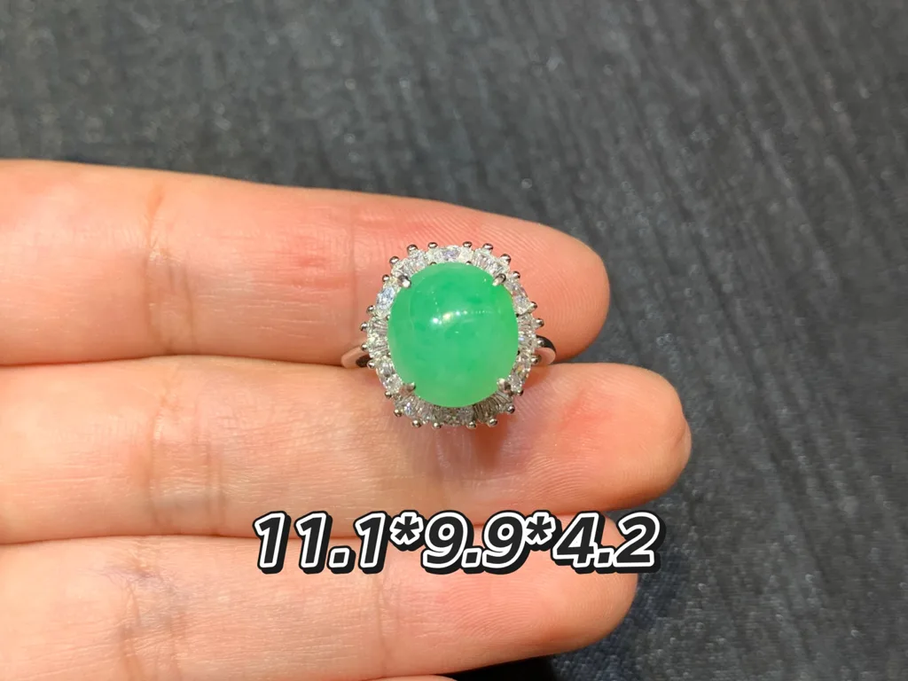 Icy Vivid Green Natural Jadeite Cabochon Ring — S925 Silver · No. 90A9 (photo 1)