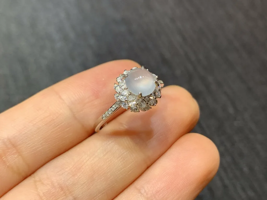 High-Icy Glowing Natural Jadeite Cabochon Ring — S925 Silver · No. C41E (photo 4)