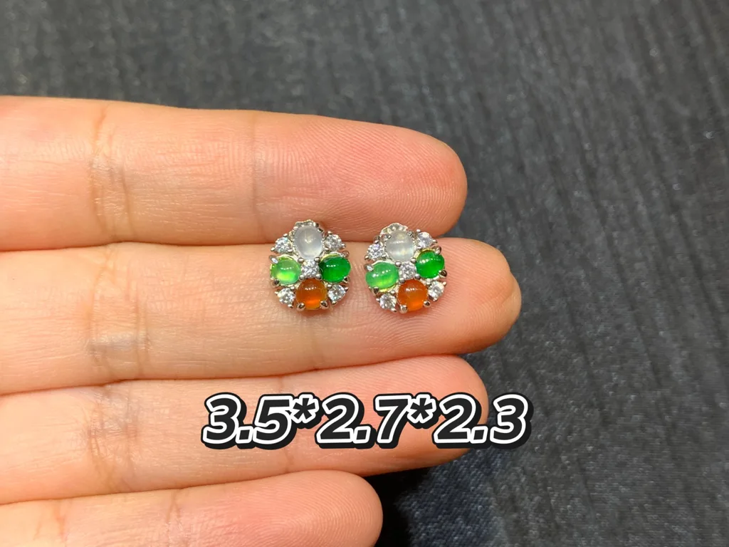 High-Icy Multicolor Natural Jadeite Cabochon Stud Earrings — S925 Silver · No. 4A65 (photo 1)