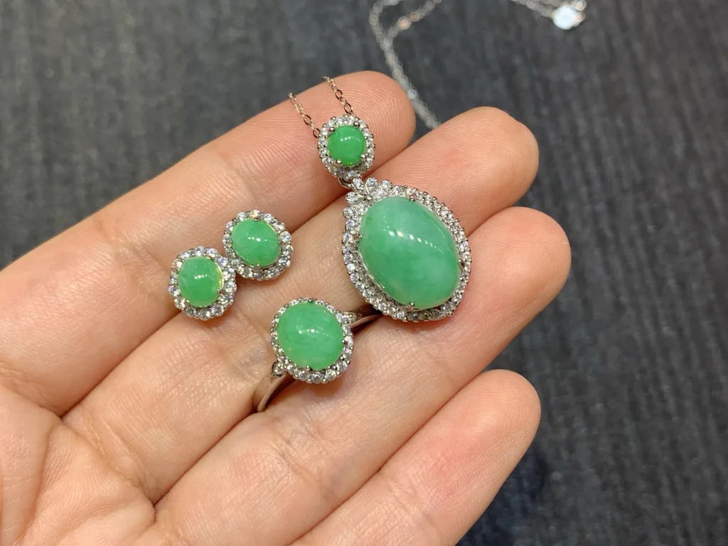 Full Green Natural Jadeite Cabochon Set — S925 Silver · No. 6C2F (photo 2)