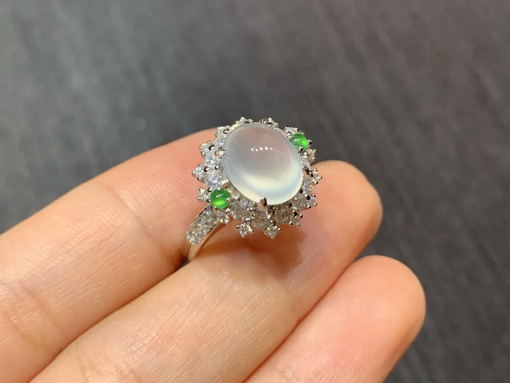 High-Icy Glowing Layered Cabochon Natural Jadeite Cabochon Ring — S925 Silver · No. 3570 (photo 4)