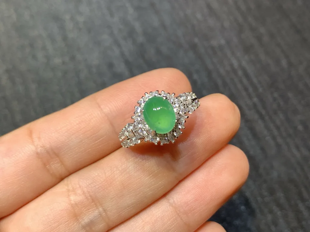High-Icy Glowing Green Natural Jadeite Cabochon Ring — S925 Silver · No. 96D7 (photo 2)