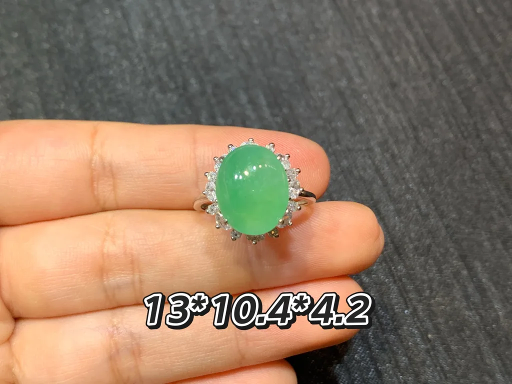 Icy Vivid Green Natural Jadeite Cabochon Ring — S925 Silver · No. AC00 (photo 1)