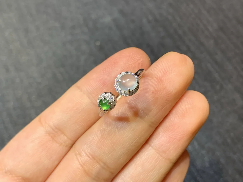 High-Icy White and Green Natural Jadeite Cabochon Ring — S925 Silver · No. 8823 (photo 2)
