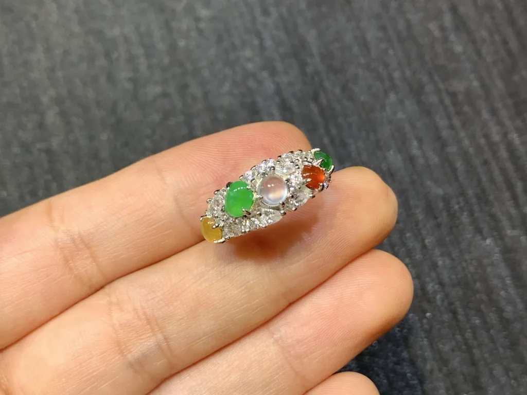 High-Icy Multicolor Natural Jadeite Cabochon Ring — S925 Silver · No. CF24 (photo 2)
