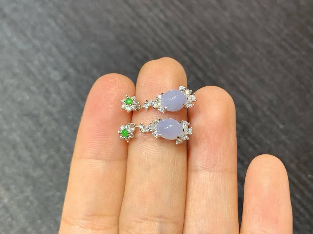 Lavender Natural Jadeite Cabochon Drop Earrings — S925 Silver · No. 53E5 (photo 3)