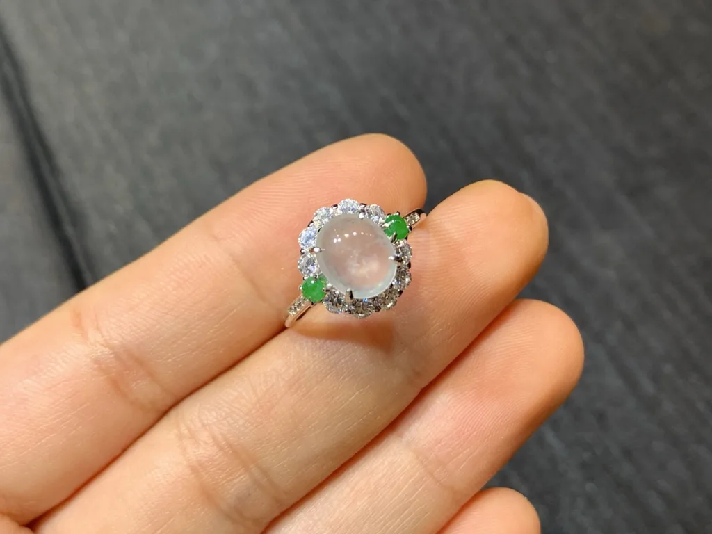 High-Icy Glowing Natural Jadeite Cabochon Ring — S925 Silver · No. 3AE2 (photo 2)