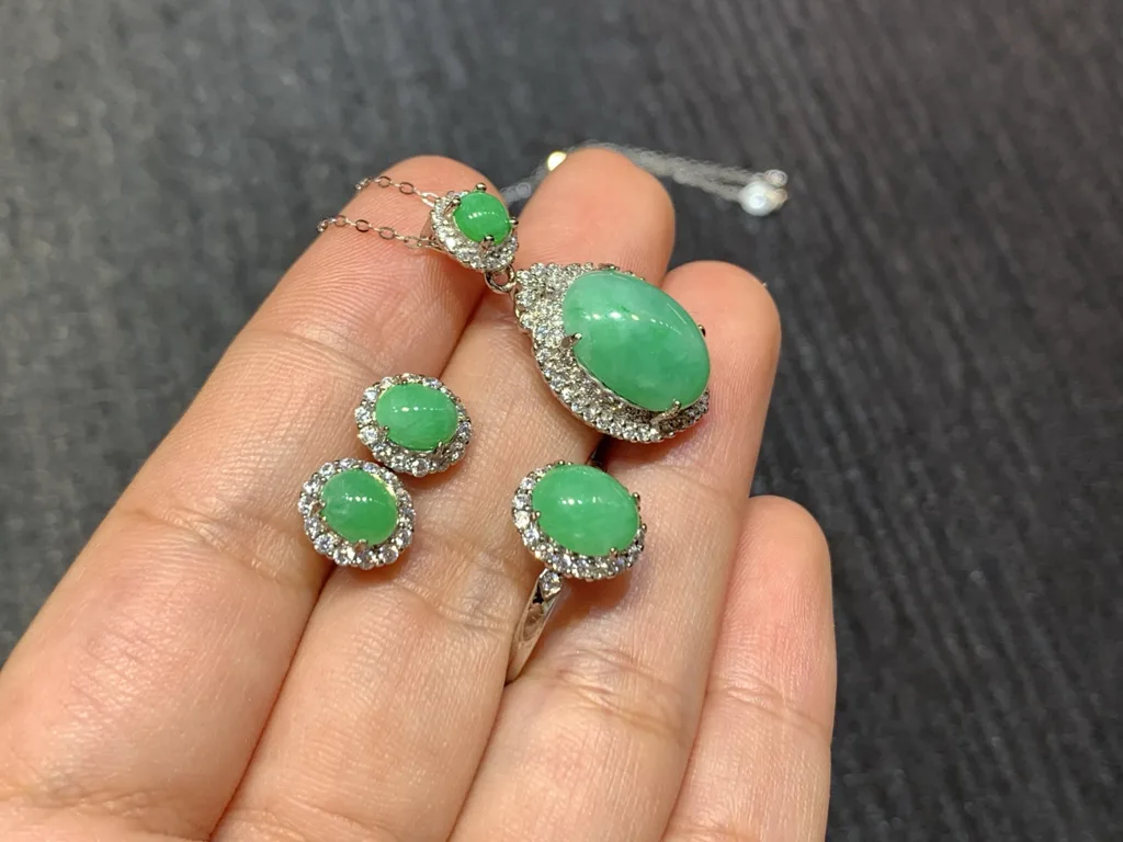 Full Green Natural Jadeite Cabochon Set — S925 Silver · No. 6C2F (photo 4)