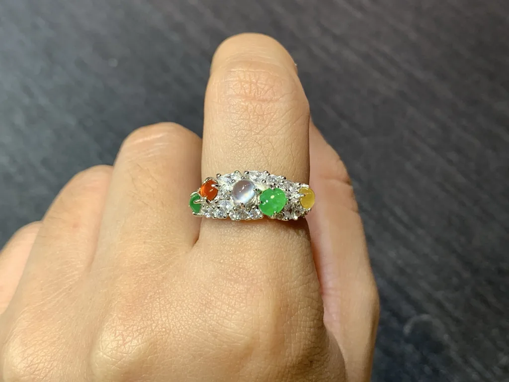 High-Icy Multicolor Natural Jadeite Cabochon Ring — S925 Silver · No. CF24 (photo 5)