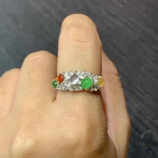 High-Icy Multicolor Natural Jadeite Cabochon Ring — S925 Silver · No. CF24 (photo 5)