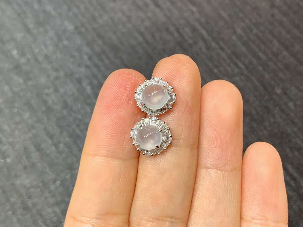 High-Icy Glowing Natural Jadeite Cabochon Stud Earrings — S925 Silver · No. 3180 (photo 3)