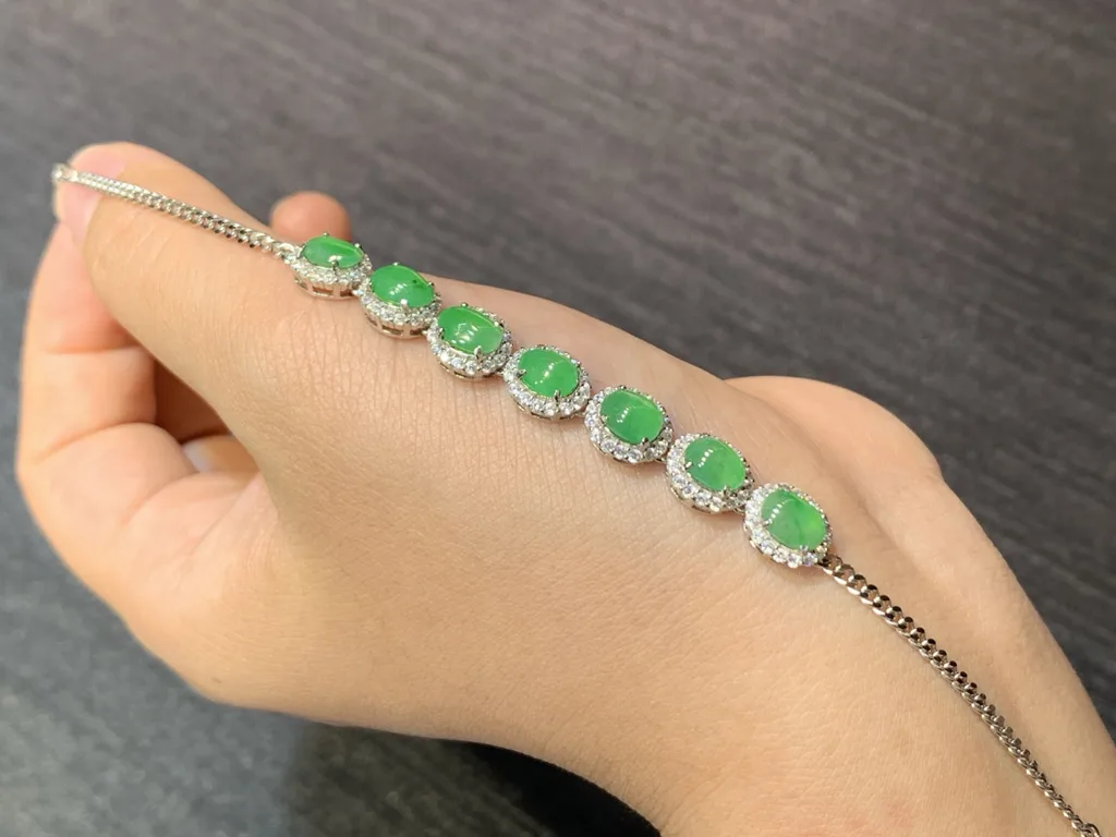 Icy Vivid Green Natural Jadeite Cabochon Bracelet — S925 Silver · No. 0C61 (photo 2)