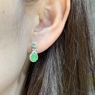 Icy Vivid Green Natural Jadeite Cabochon Drop Earrings — S925 Silver · No. 8F39 (photo 5)