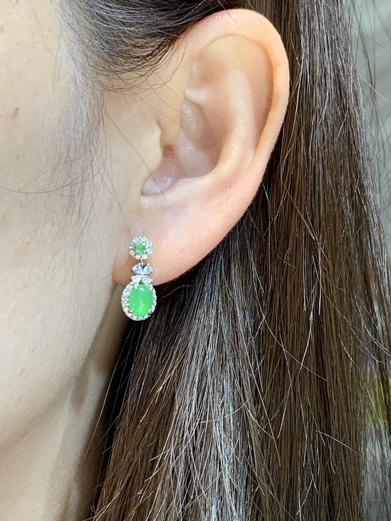 Icy Vivid Green Natural Jadeite Cabochon Drop Earrings — S925 Silver · No. 8F39 (photo 5)