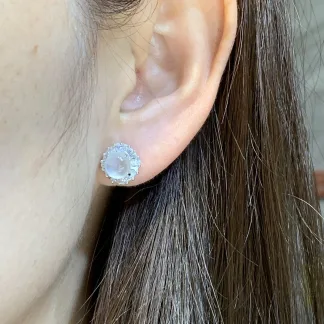 High-Icy Glowing Natural Jadeite Cabochon Stud Earrings — S925 Silver · No. 3180 (photo 5)