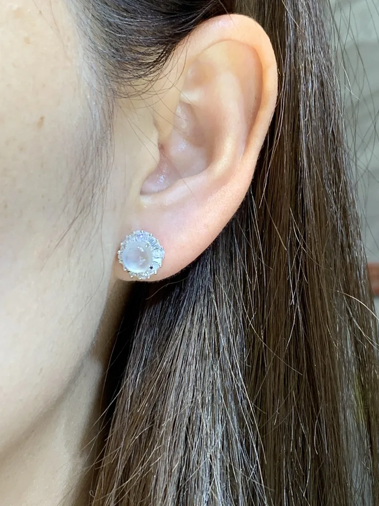High-Icy Glowing Natural Jadeite Cabochon Stud Earrings — S925 Silver · No. 3180 (photo 5)