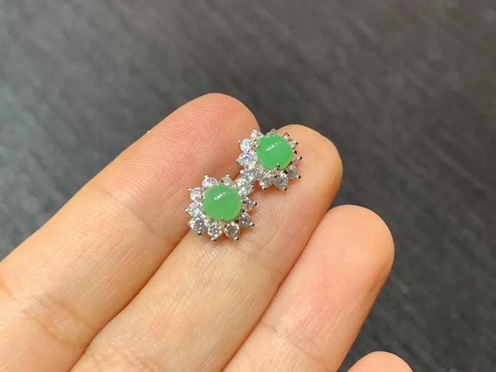 Icy Fresh Vivid Green Natural Jadeite Cabochon Stud Earrings — S925 Silver · No. 4E9A (photo 4)