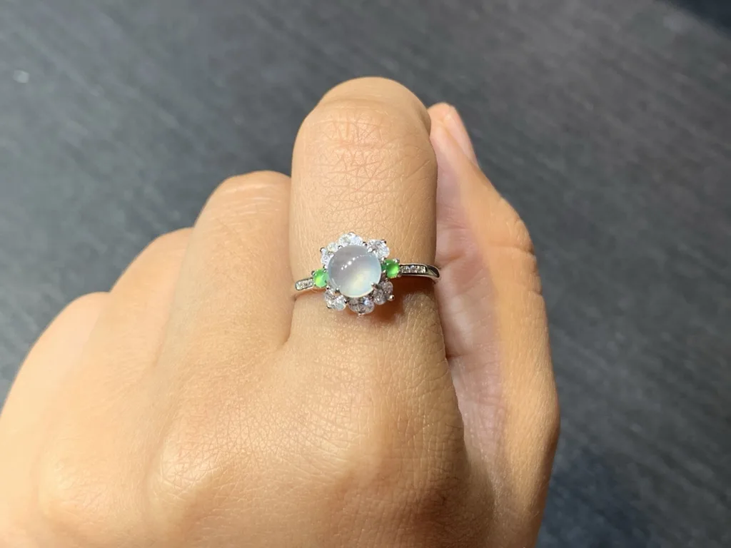 High-Icy Glowing Natural Jadeite Cabochon Ring — S925 Silver · No. DB29 (photo 5)