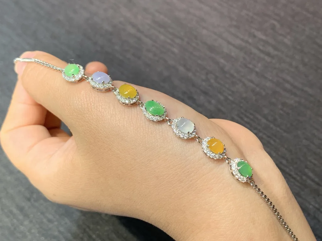 High-Icy Multicolor Natural Jadeite Cabochon Bracelet — S925 Silver · No. 0EFB (photo 2)
