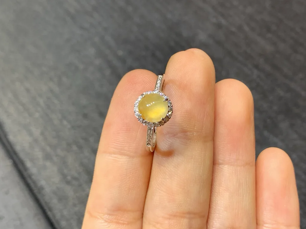 High-Icy Honey Yellow Natural Jadeite Cabochon Ring — S925 Silver · No. 3839 (photo 3)