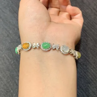 High-Icy Multicolor Natural Jadeite Cabochon Bracelet — S925 Silver · No. 885E