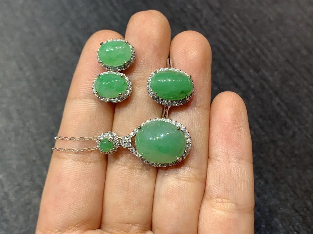 Full Green Natural Jadeite Cabochon Set — S925 Silver · No. 9D1B (photo 3)