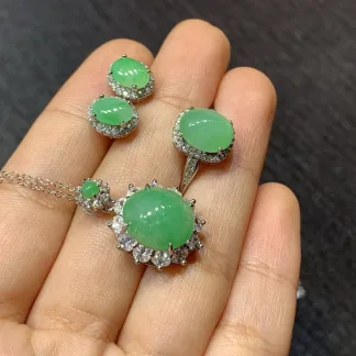 Icy Green Natural Jadeite Cabochon Set — S925 Silver · No. 2920 (photo 4)