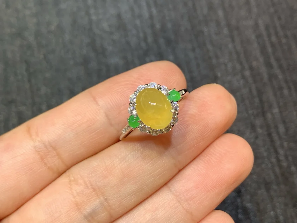 High-Icy Honey Yellow Natural Jadeite Cabochon Ring — S925 Silver · No. BCC8 (photo 2)