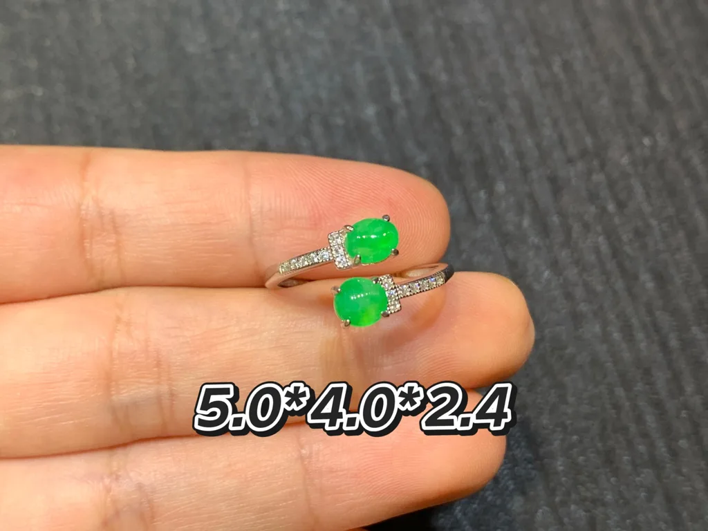 Icy Vivid Green Natural Jadeite Twin Cabochon Ring — S925 Silver · No. 46F3 (photo 1)