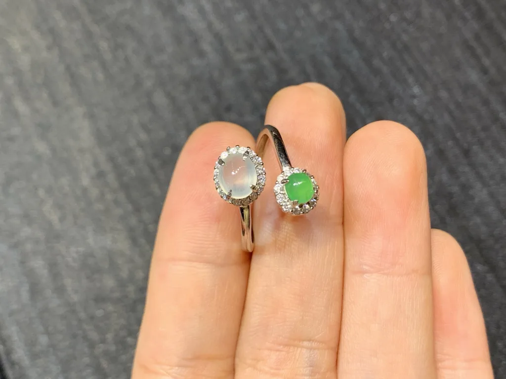 High-Icy White and Green Natural Jadeite Cabochon Ring — S925 Silver · No. 1702 (photo 3)