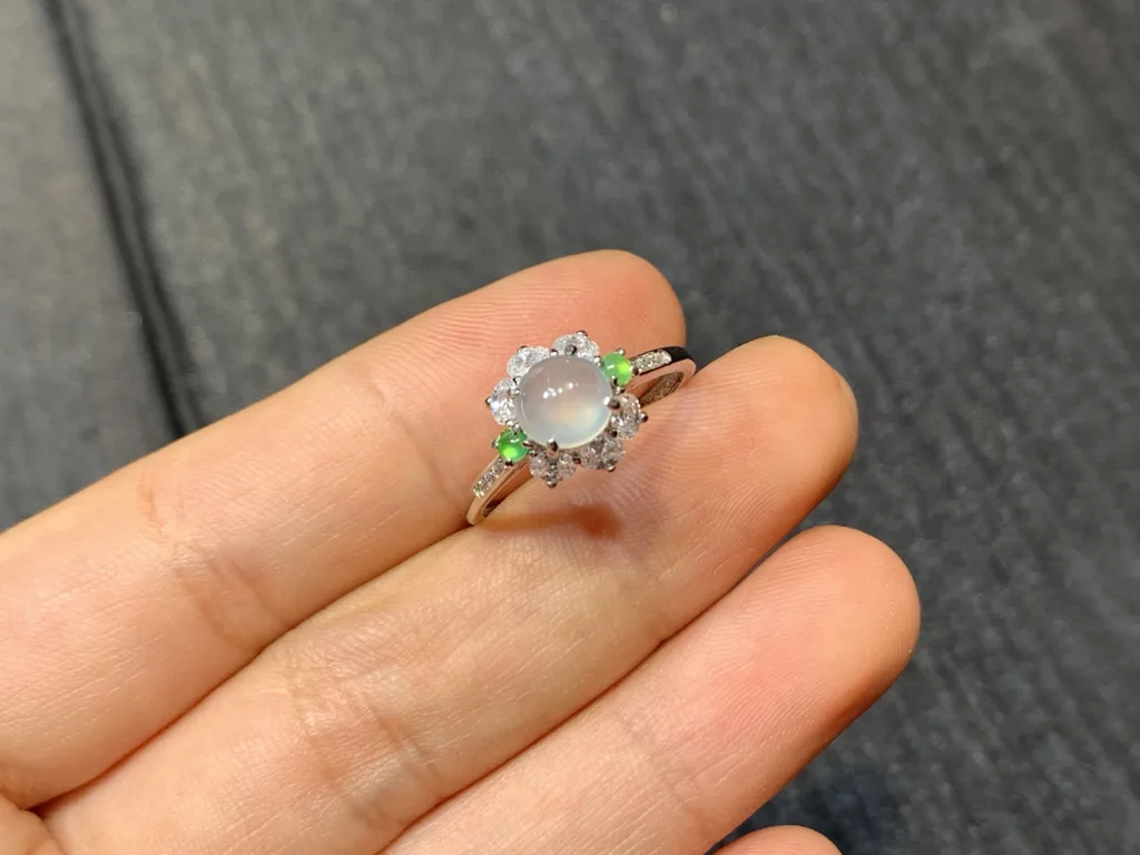 High-Icy Glowing Natural Jadeite Cabochon Ring — S925 Silver · No. DB29 (photo 2)
