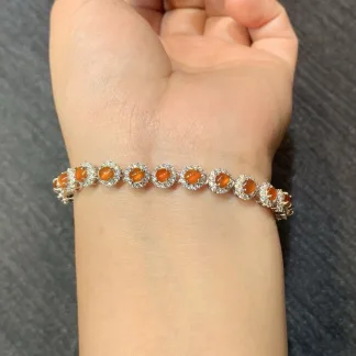 High-Icy Russet Orange-Red Natural Jadeite Cabochon Bracelet — S925 Silver · No. 3110