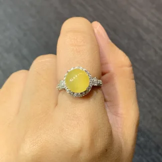 High-Icy Honey Yellow Natural Jadeite Cabochon Ring — S925 Silver · No. A7AA