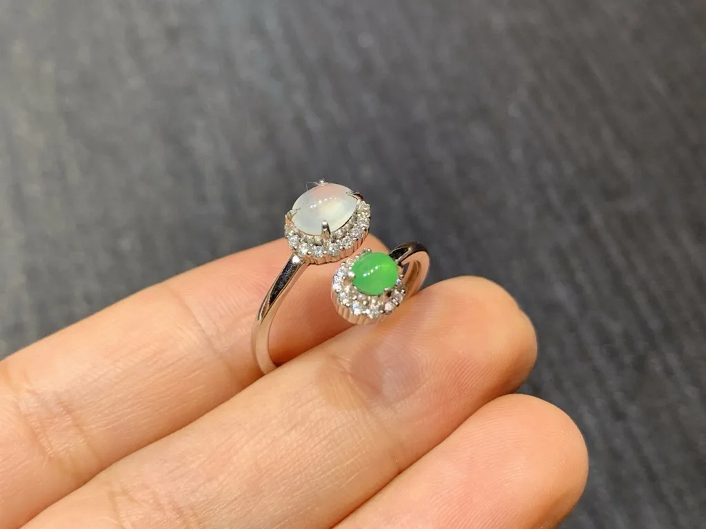 High-Icy White and Green Natural Jadeite Cabochon Ring — S925 Silver · No. 1702 (photo 4)