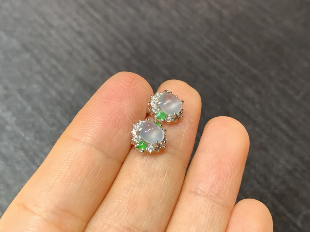 High-Icy Glowing Natural Jadeite Cabochon Stud Earrings — S925 Silver · No. 2507 (photo 4)