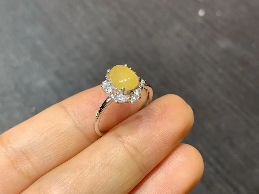 High-Icy Honey Yellow Natural Jadeite Cabochon Ring — S925 Silver · No. A6C1 (photo 4)