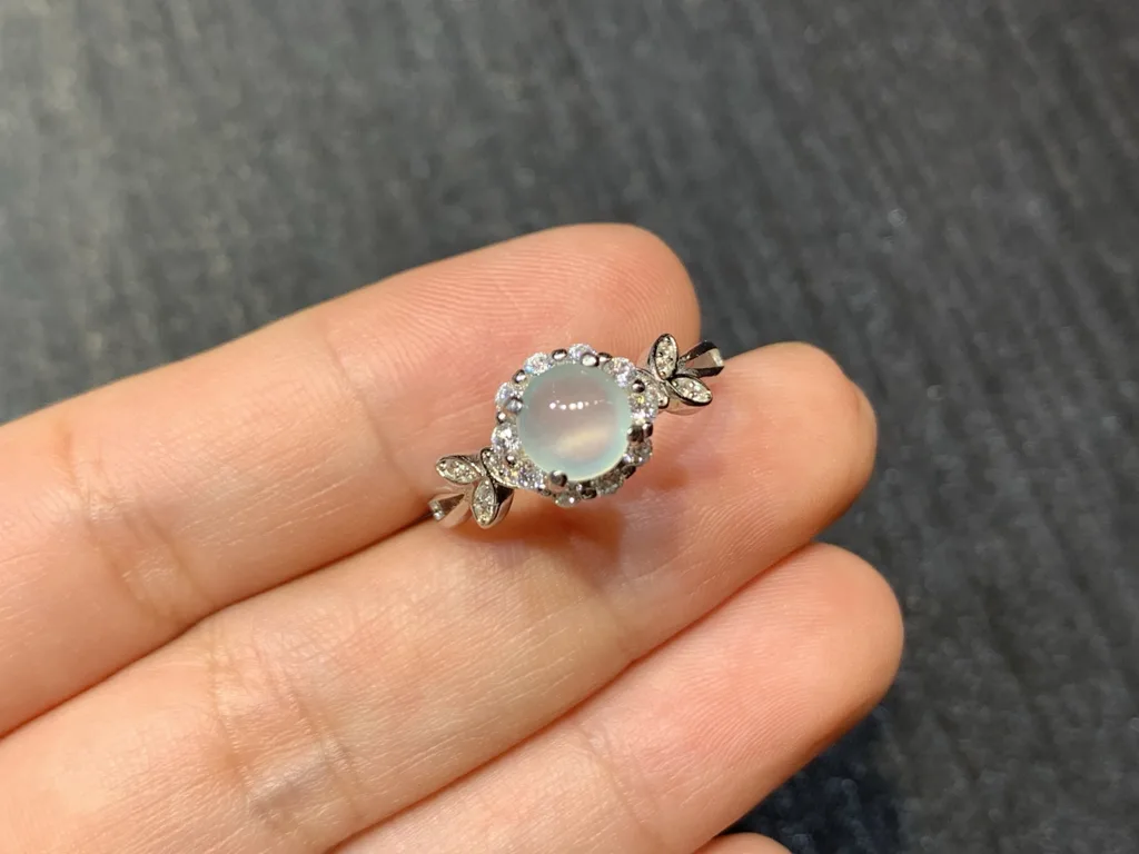 High-Icy Glowing Natural Jadeite Cabochon Ring — S925 Silver · No. D6DC (photo 2)