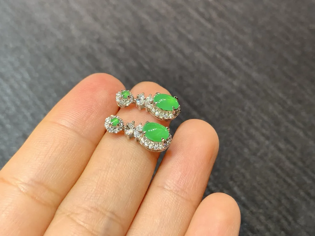 Icy Vivid Green Natural Jadeite Cabochon Drop Earrings — S925 Silver · No. 8F39 (photo 4)