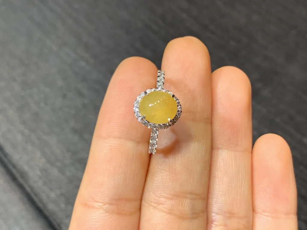 High-Icy Honey Yellow Natural Jadeite Cabochon Ring — S925 Silver · No. 220E (photo 3)