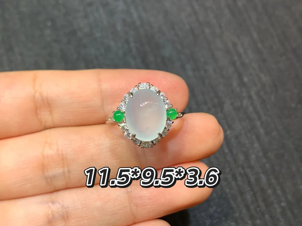 High-Icy Glowing Natural Jadeite Cabochon Ring — S925 Silver · No. 96B6 (photo 1)