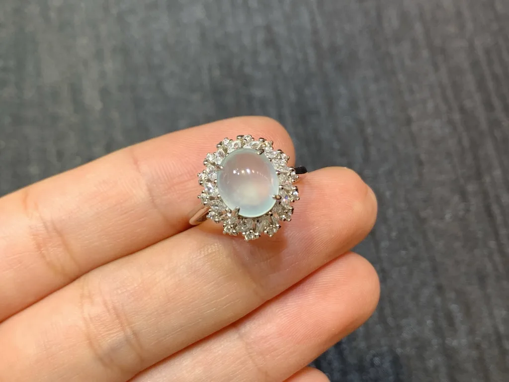 High-Icy Glowing Natural Jadeite Cabochon Ring — S925 Silver · No. CAAA (photo 2)