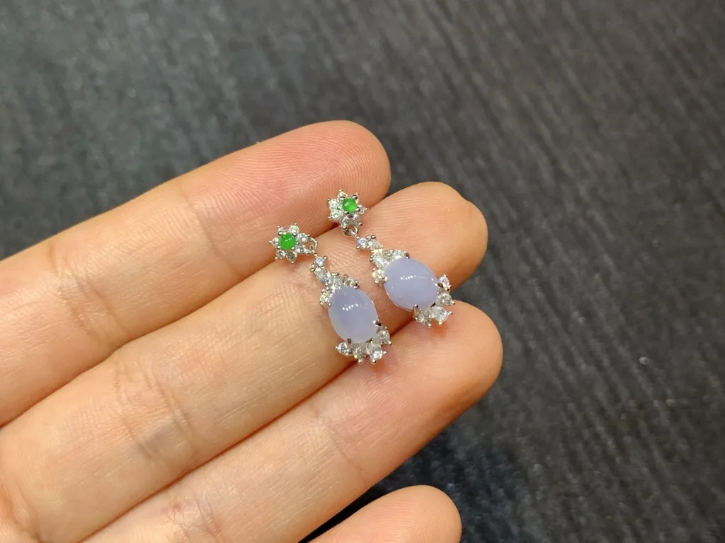 Lavender Natural Jadeite Cabochon Drop Earrings — S925 Silver · No. 53E5 (photo 2)